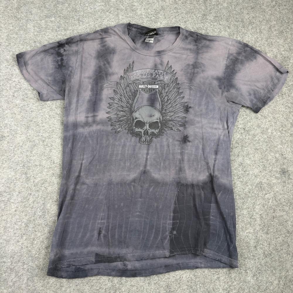 Y2K Harley Davidson T Shirt Mens Large Grey Tie Dye Skull Wings Barnett El Paso